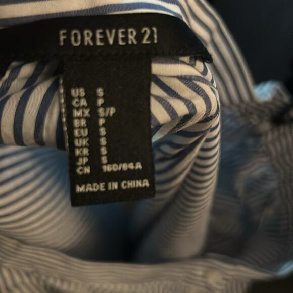 Forever 21 Off The Shoulder Button Down Pinstripe Mini Dress Tie Bottom Sleeve S - Picture 7 of 8